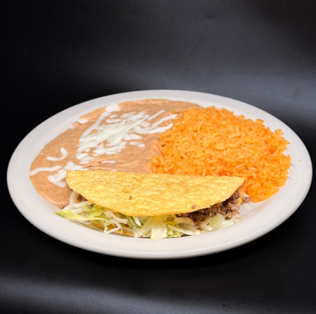 B. One Beef Taco, Rice and Beans.